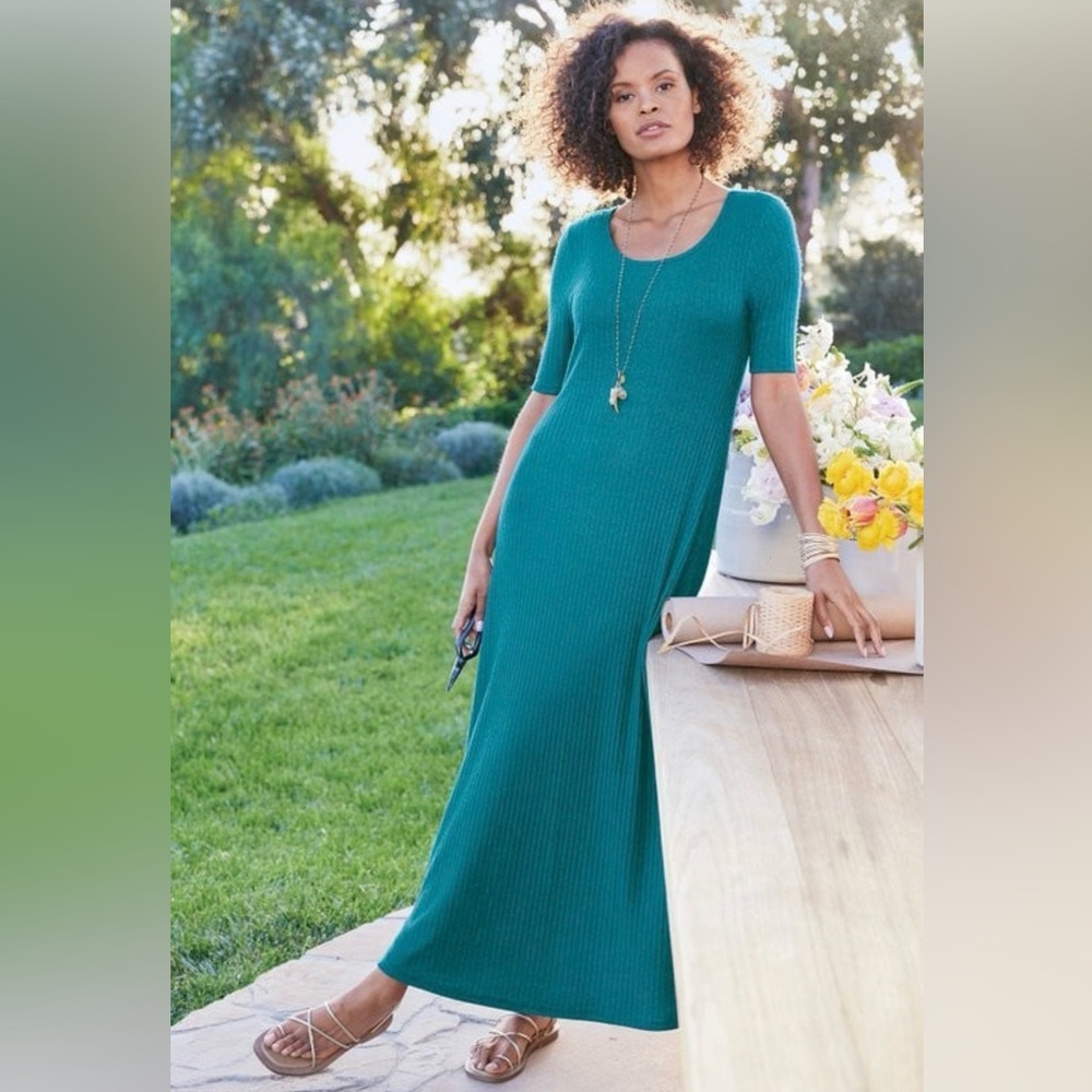 Soft Surroundings Santiago Ribbed Maxi Dress Light Blue Short Sleeve Textured 1X